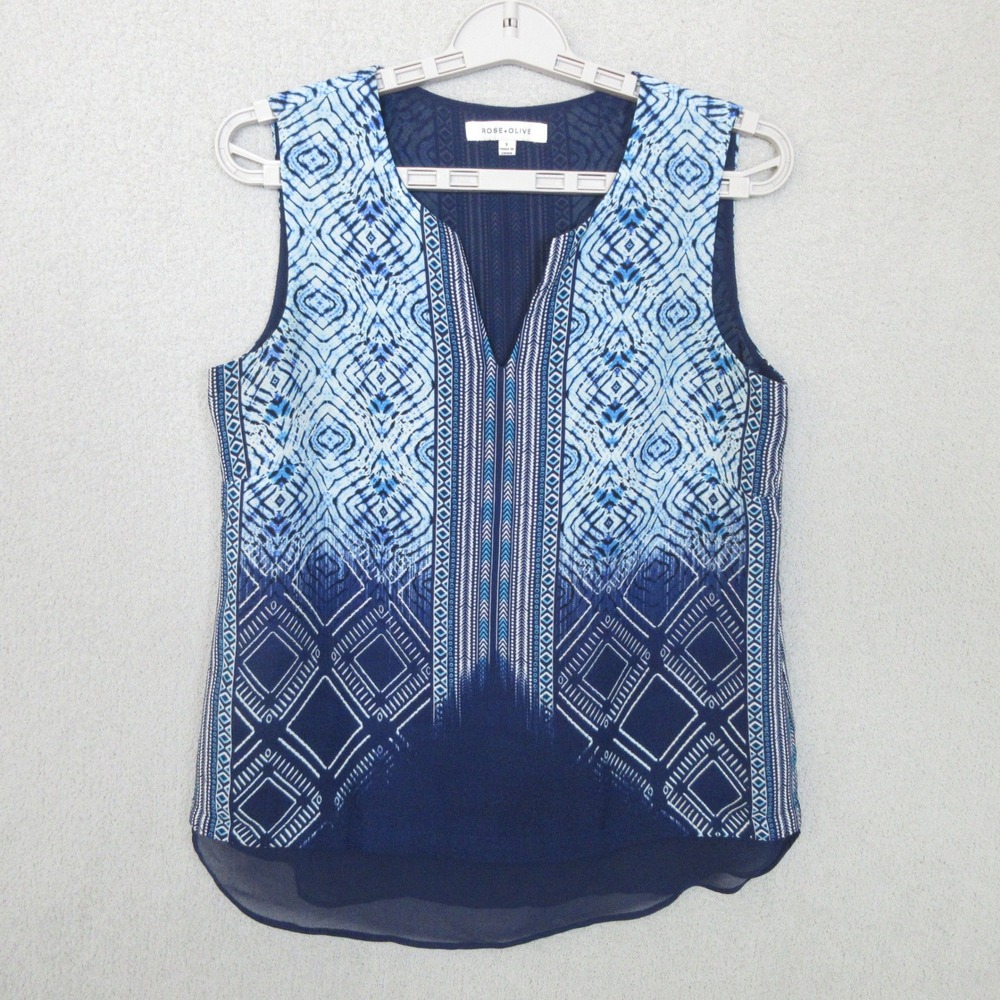 Rose Olive Women's Blouse Sleeveless V Neck Blue Geometric Print Size Small